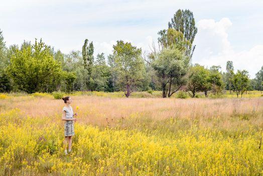 An adult woman stands up in a meadow covered with Galium verum flowers, also known as lady's bedstraw or yellow bedstraw, with a bunch of yellow flowers in her hands, in Kiev, Ukraine