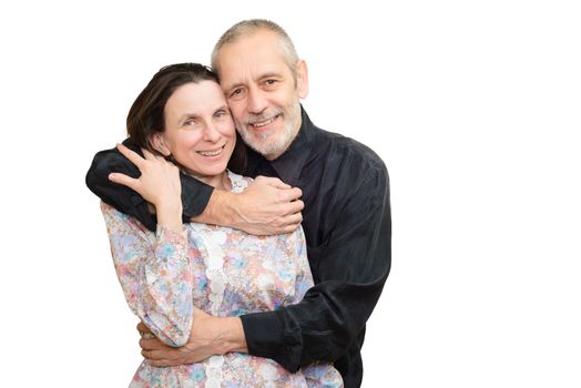 Happy adult man and woman smiling for S. Valentine's day or anniversary and embracing each other. Isolated on white background.