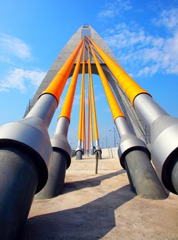 A modern single tower cable stayed bridge with powerful steel cables