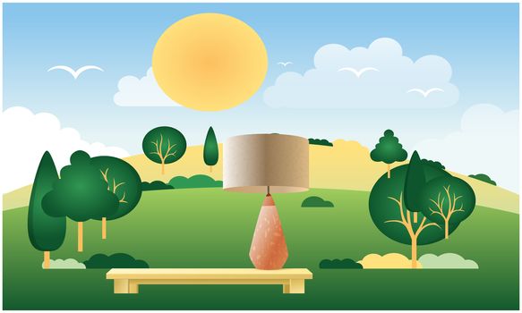 mock up illustration of table lamp in a garden