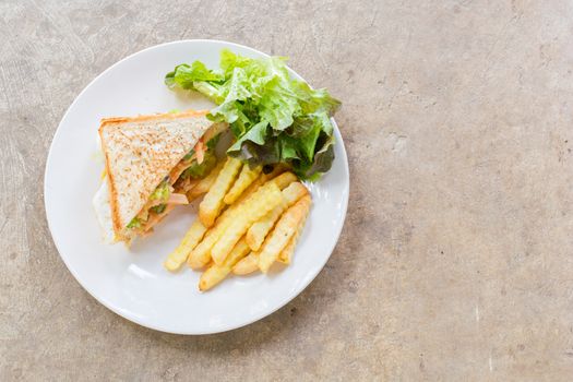 Sandwich with sausage, mayonnaise and ketchup on white plate with french fries and fresh lettuce. Fast food concept.