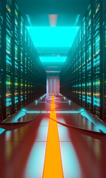 Data center with server racks in a corridor room. 3D render of digital data and cloud technology