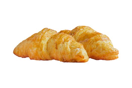 Two croissants isolated on white background.
Homemade bakery for breakfast.