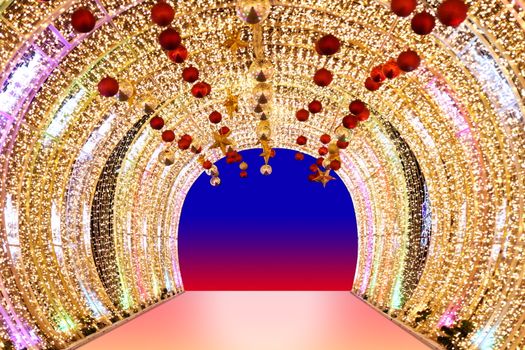 Arch bokeh gold, Blurred arch Bokeh golden light background night arch of lamps LED colorful yellow shine, Backdrop arch door light glitter gold luxury decoration merry christmas and Happy new year