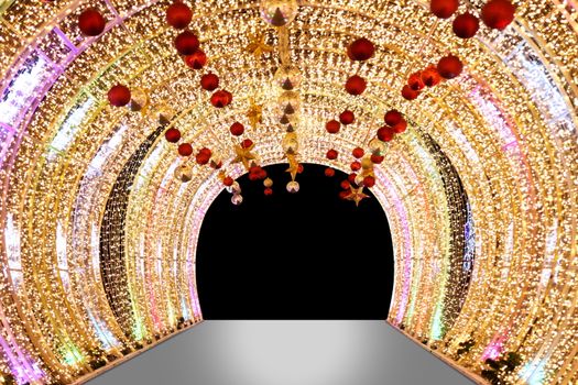 Arch bokeh gold, Blurred arch Bokeh golden light background night arch of lamps LED colorful yellow shine, Backdrop arch door light glitter gold luxury decoration merry christmas and Happy new year