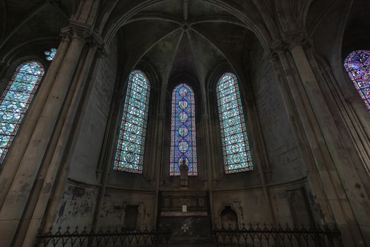 Tours, France - February 8, 2010: detail of the interior, works and stained glass of the Roman Catholic cathedral Saint Gatien in Tours, Indre et Loire, France