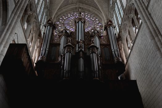 Tours, France - February 8, 2020: detail of the Organ of Tours in Saint-Gatien Cathedral in the city center on a winter day