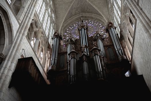 Tours, France - February 8, 2020: detail of the Organ of Tours in Saint-Gatien Cathedral in the city center on a winter day