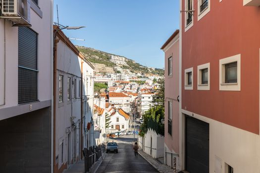 Sesimbra, Portugal - February 19, 2020: Architecture detail of house and typical building in the city center on a winter day
