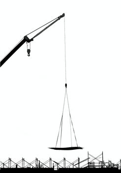 Outline image of a crane lowering a metal plate onto a construction site
