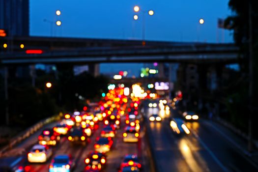 Road Night lights car jam of city and abstract bokeh light and burred car jam at evening time and night at background