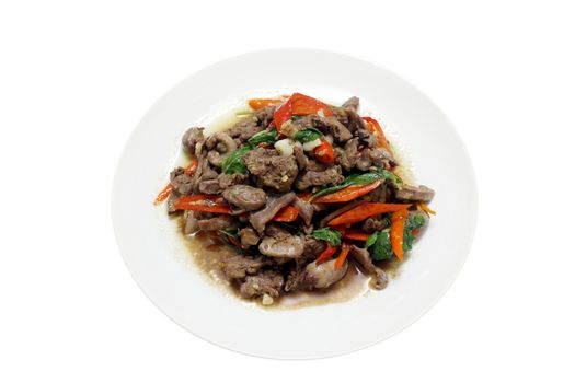 Chicken innards Fried in oyster sauce, spicy food, chili food, Fried vegetable, Fried beef with oyster sauce & Basil leaves on top white dish thai food on white background