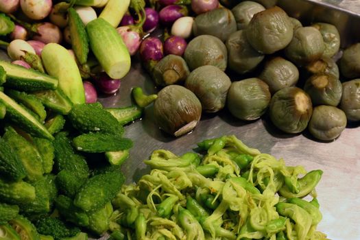 Vegetable, Pile many boiled vegetables in the night market Thailand