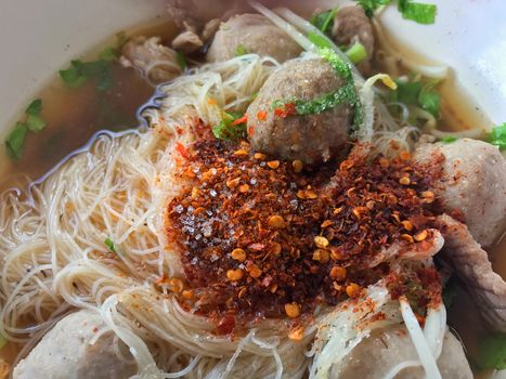 Food taste spicy hot, Beef ball noodles, Thai Asia food hot spicy noodle
