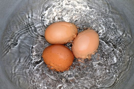 Eggs, Boiled egg in the pan, Raw Egg Reddish yellow in Hot water is boiling cooking (Selective Focus)