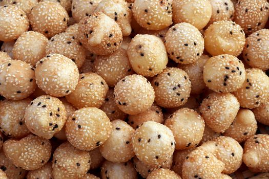 Fried Mung Bean Stuffed Balls, Thai snack Pastry Swan egg with sesame seeds (Kanom Kai Hong), (Khanom Khai Hong) Thai word