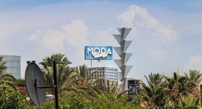 Barcelona, Spain - June 21, 2017 : architectural detail of the MODA tower during the summer, a skyscraper designed by the architects Inigo and Enrique de Leon and built for the 1992 Summer Olympics