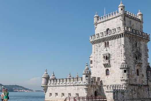 Lisbon, Portugal - May 7, 2018: architectural detail of the Belem tower (torre de Belem) on a spring day