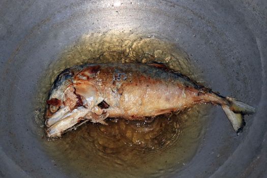 Fried Mackerel fish in a pan with hot boiling oil, Salted Mackerel fish Fried foods