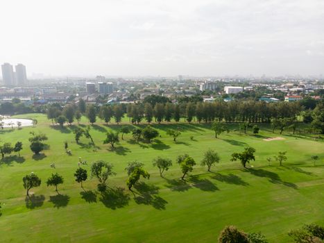 Aerial top view photo from flying drone of Golf Course, Lush green grass on golf course