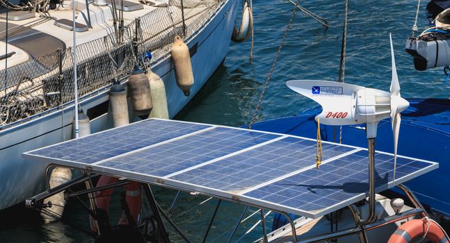 Barcelona, Spain - June 21, 2017: photovoltaic panel on a sailboat in the city harbor on a summer day