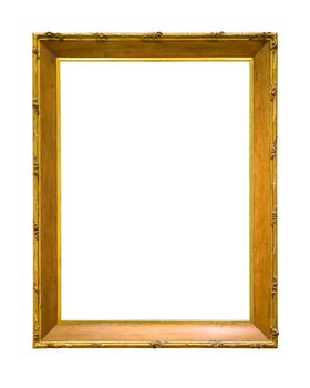 Wooden decorative picture frame with golden insets isolated on white background with clipping path
