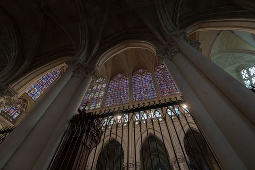 Tours, France - February 8, 2010: detail of the interior, works and stained glass of the Roman Catholic cathedral Saint Gatien in Tours, Indre et Loire, France