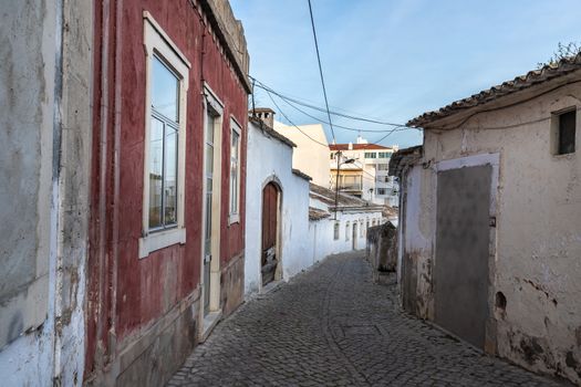 Loule, Faro, Portugal - February 25, 2020: architectural detail of pretty little typical house in the city center on a winter day