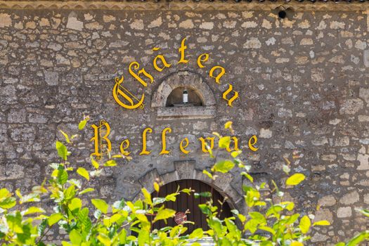 Saint Emilion, France - May 26, 2017: storefront of the building of a producer of great flood of Saint Emilion wine, Chateau Bellevue on a spring day