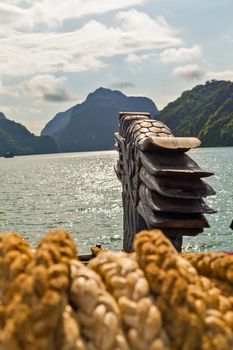 Dragon boat Ha Long bay islands Halong mountains in South China Sea, Vietnam. UNESCO World Heritage Site Asia. Indochina Discovery.