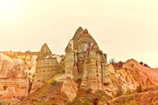 Rock volcanic formations Stone columns, mountain Love valley landscape, Turkey, Cappadocia. Goreme national park.
