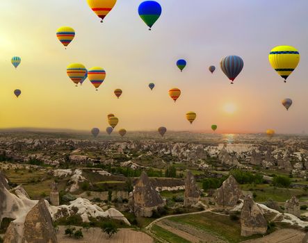 Hot air balloons mountain landscape in national park Goreme Cappadocia, Turkey