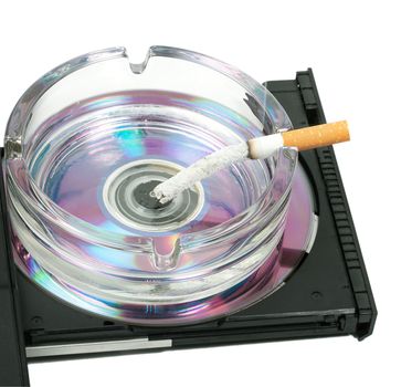ashtray of cigarette butts filter on cd-rom isolated on a white background