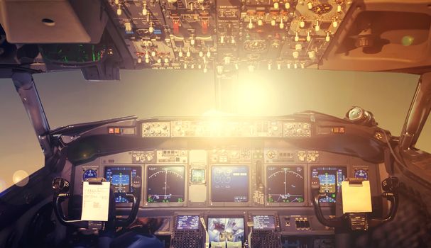 sun Interior of the cockpit with control panel