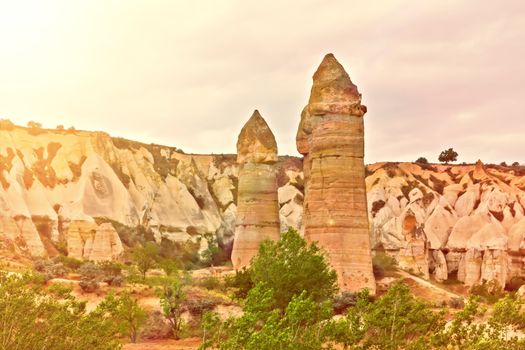 Rock volcanic formations Stone columns, mountain Love valley landscape, Turkey, Cappadocia. Goreme national park.