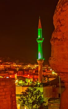 minarets is best touristic destination night Goreme, landscape Cappadocia Turkey