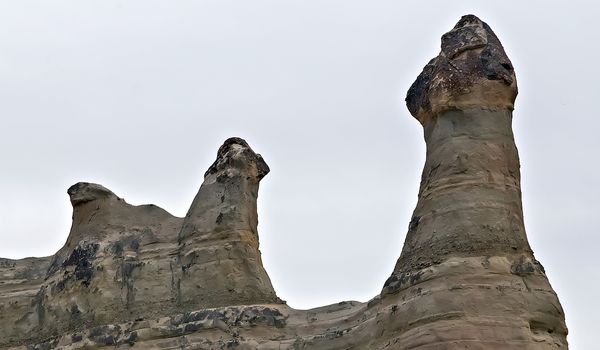 Love valley in Goreme nationa park, rock valley landscape, Cappadocia, Turkey. Aerial photography.