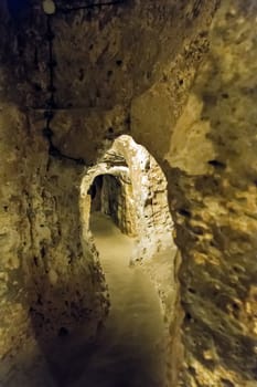 Derinkuyu underground city, Cappadocia in Central Anatolia, Turkey Corridor in the Selime rock monastery, Ilhara Valley, Turkey
