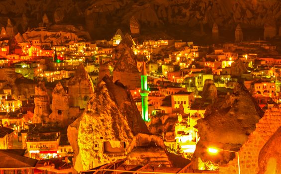 minaret night Goreme, landscape Cappadocia Turkey