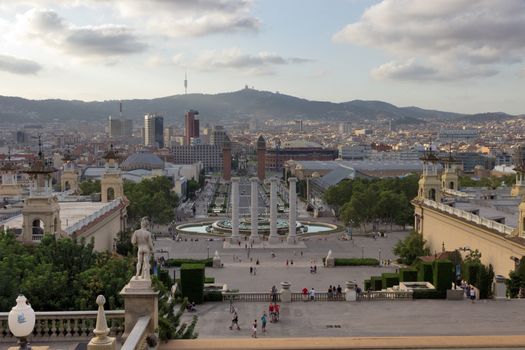 Barcelona, Spain - August 12, 2012. Plaza of Spain fountain with the Venetian towers seen at the background. Catalonia, Spain