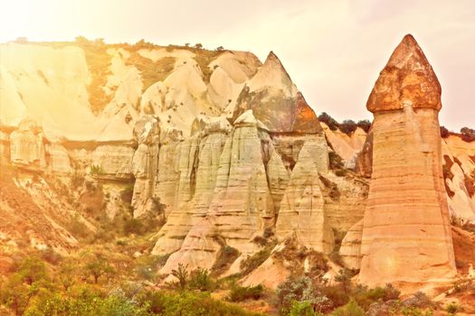 Rock volcanic formations Stone columns, mountain Love valley landscape, Turkey, Cappadocia. Goreme national park.