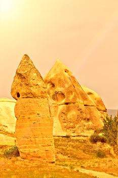 Rock volcanic formations Stone columns, mountain Love valley landscape, Turkey, Cappadocia. Goreme national park.