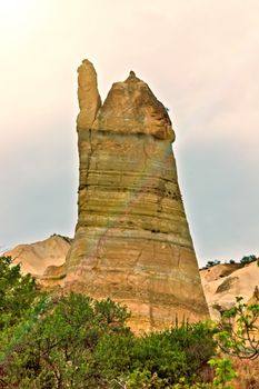 Love valley needles striped, Volcanic tuff named phallic rock pillar. Rocky landscape of Cappadocia in Turkey