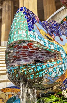 Details of the ceramic dragon fountain at Parc Guell designed by Antoni Gaudi, Barcelona