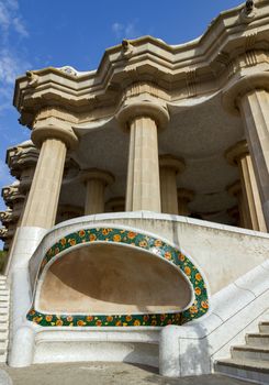 BARCELONA, SPAIN - AUGUST 24, 2012. Catalunya, The entrance of Park Guell with the famous mosaics of Antonio Gaudi located on Carmel Hill, Barcelona, Catalonia,Spain.