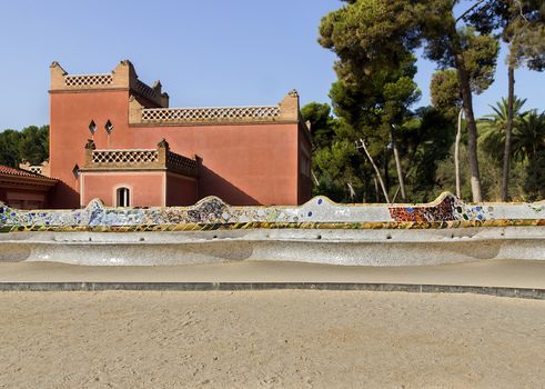 colorful mosaic work on the main terrace of Park Guell. World Heritage Site under Works of Antoni Gaudi. Barcelona of Spain