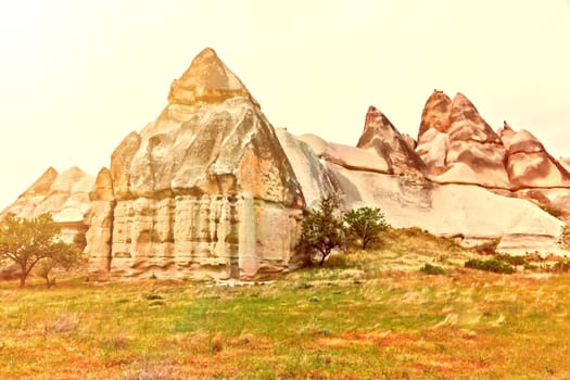 valley at Cappadocia, Turkey. Volcanic mountains in Goreme national park
