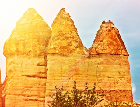 Rock volcanic formations Stone columns, mountain Love valley landscape, Turkey, Cappadocia. Goreme national park.