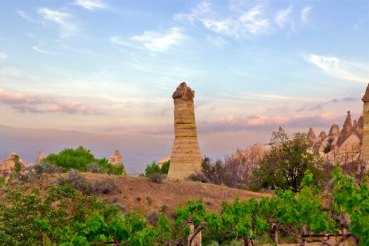 Love valley needles striped, Volcanic tuff named phallic rock pillar. Rocky landscape of Cappadocia in Turkey
