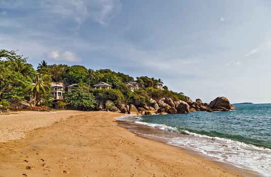Sea summer landscape, Tropical rock Coral Cove beach with coconut palm trees. Koh Samui, Thailand. Paradise island.